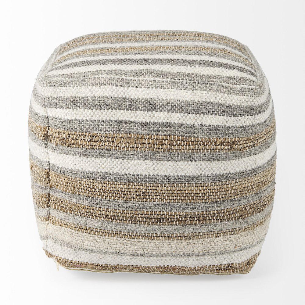 Aahana 16.0L x 16.0W x 16.0H White/Taupe/Gray Striped Hemp and Cotton Pouf