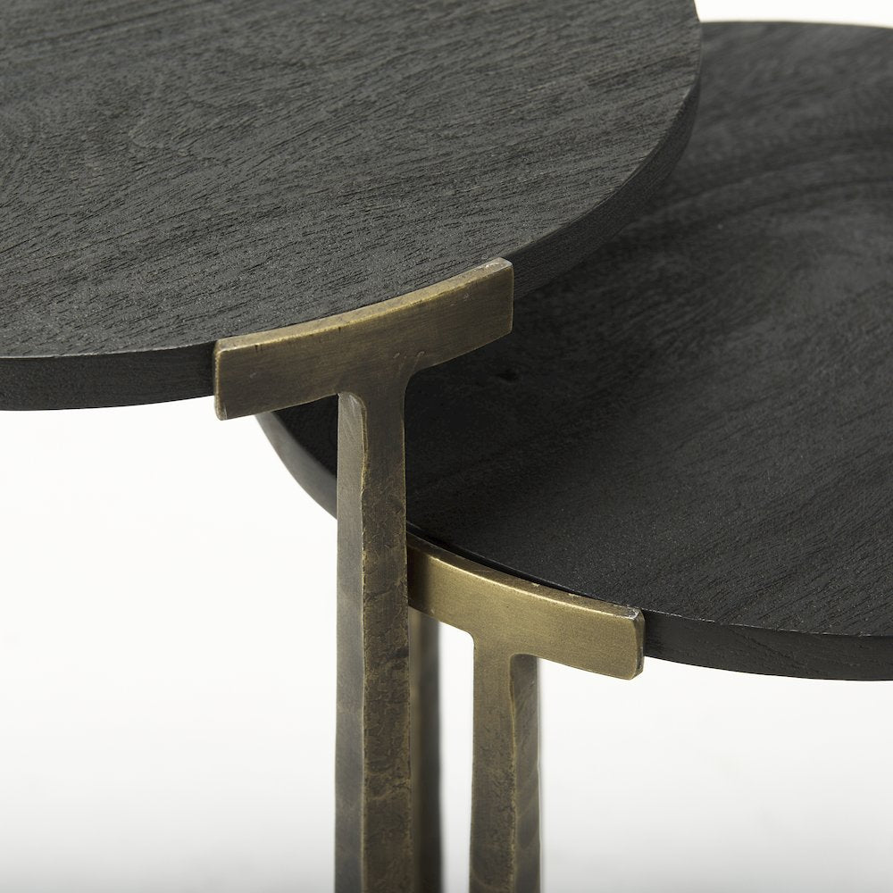Black Wood And Antiqued Gold Metal Nesting Accent Tables (Set Of 2)