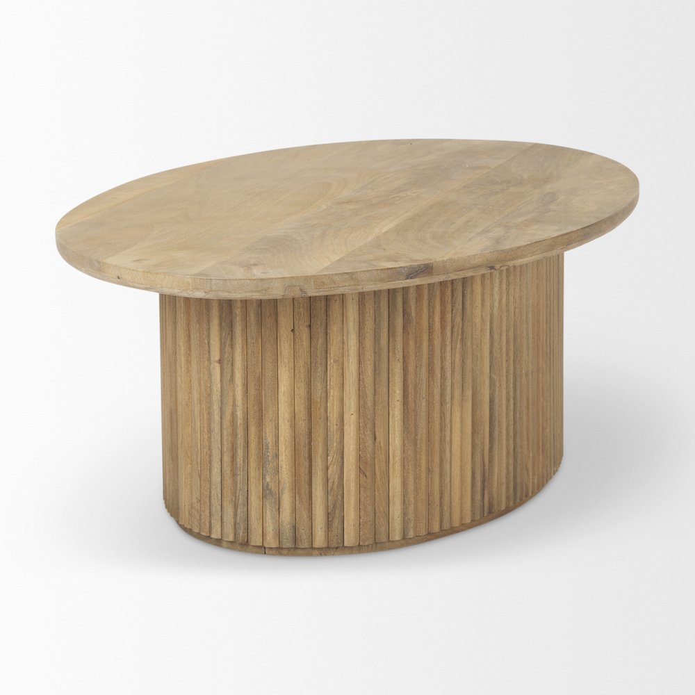 Light Brown Wood Oval Fluted Coffee Table