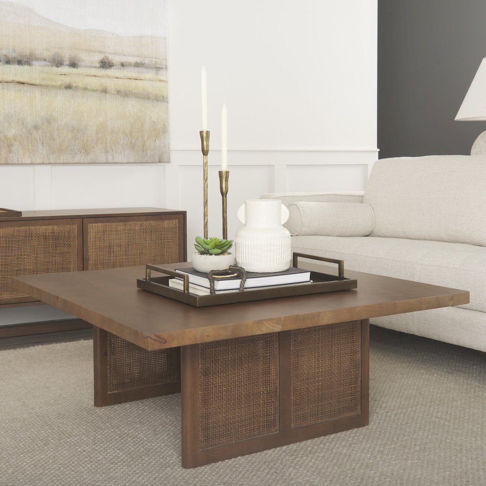 42" Square Medium Brown Solid Wood Cane Coffee Table