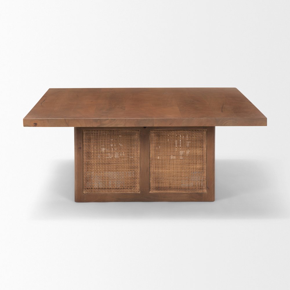 42" Square Medium Brown Solid Wood Cane Coffee Table