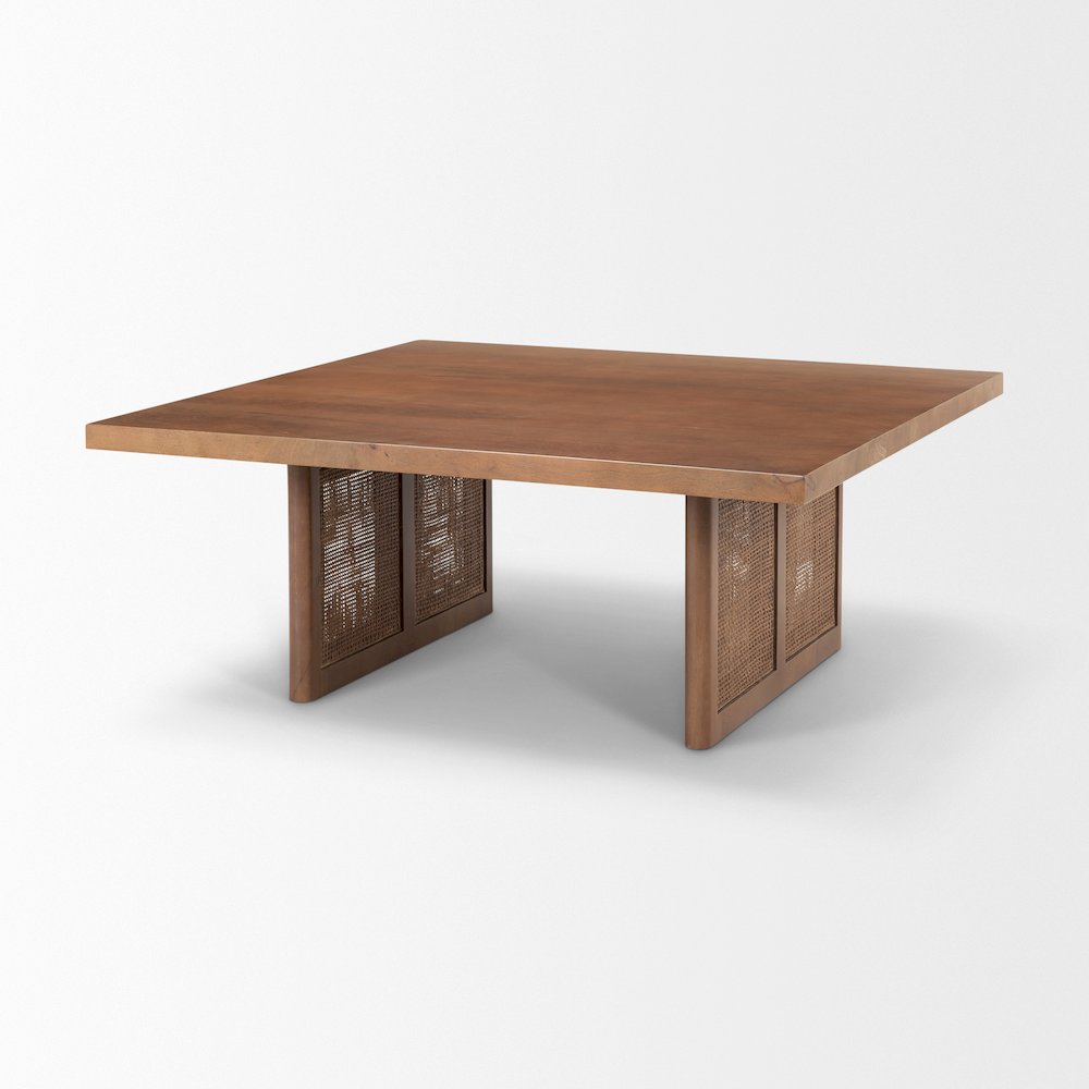 42" Square Medium Brown Solid Wood Cane Coffee Table
