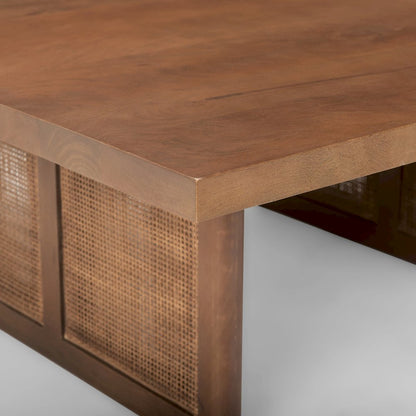 42" Square Medium Brown Solid Wood Cane Coffee Table