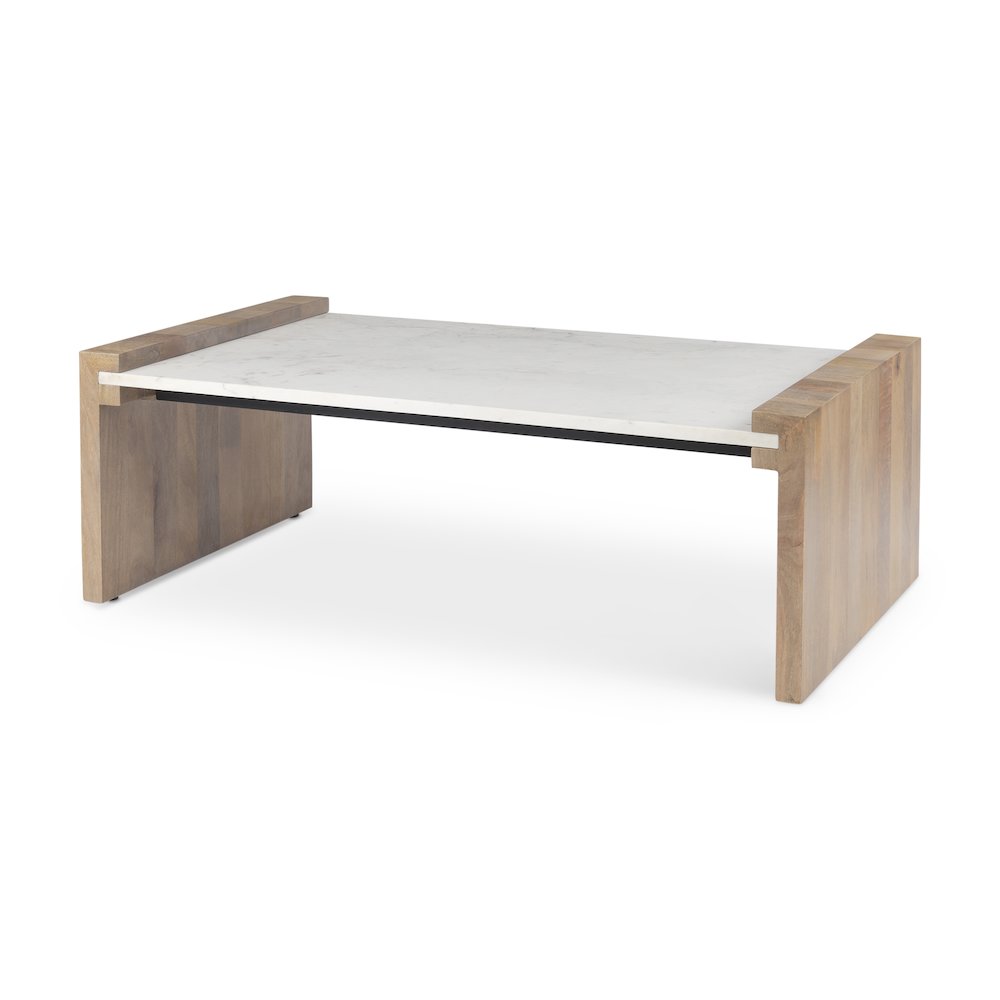 48.0L X 28.0W X 16.0H Light Brown Wood And White Marble Coffee Table