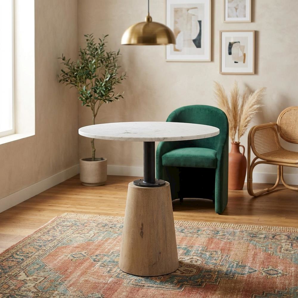 Round marble tabletop with blonde wood and black metal base bistro table