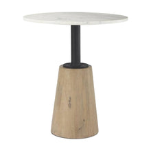 Round marble tabletop with blonde wood and black metal base bistro table