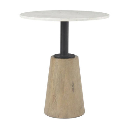 Round marble tabletop with blonde wood and black metal base bistro table