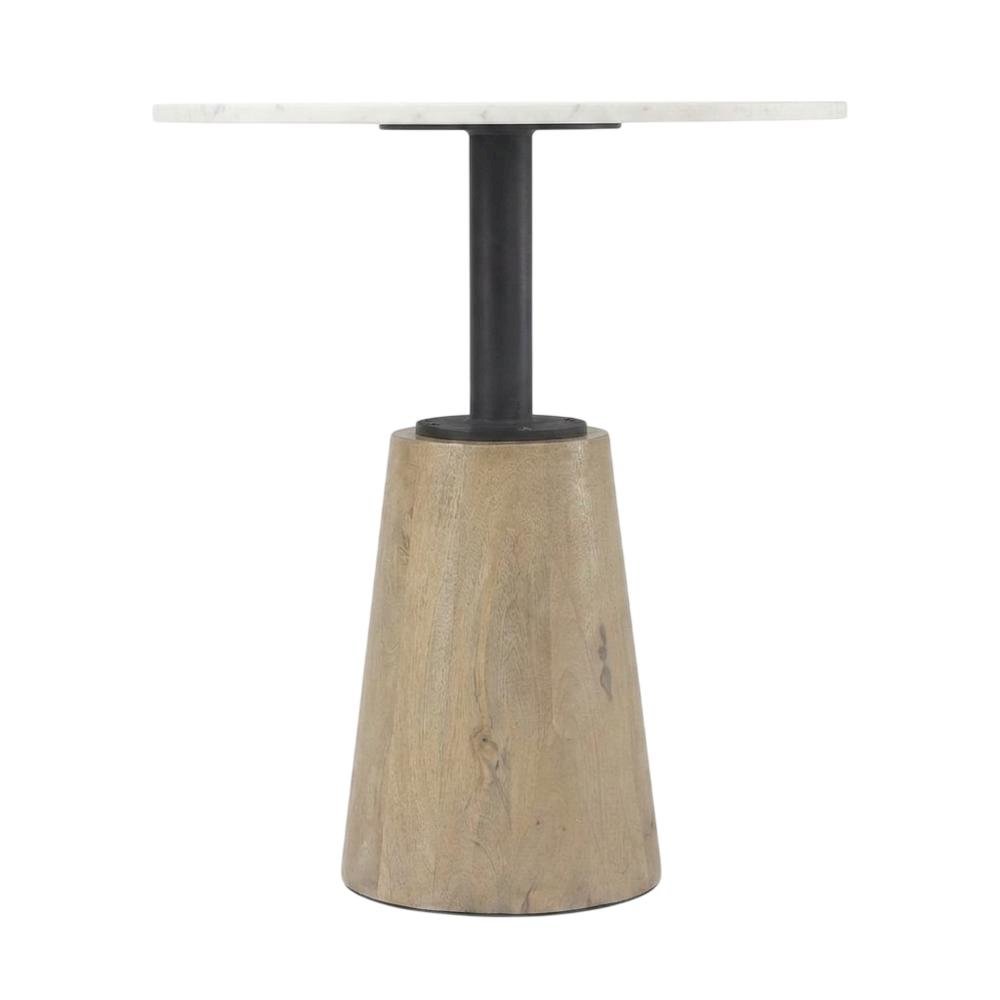 Round marble tabletop with blonde wood and black metal base bistro table