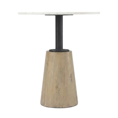 Round marble tabletop with blonde wood and black metal base bistro table