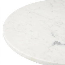 Round marble tabletop with blonde wood and black metal base bistro table