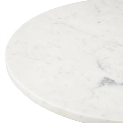 Round marble tabletop with blonde wood and black metal base bistro table