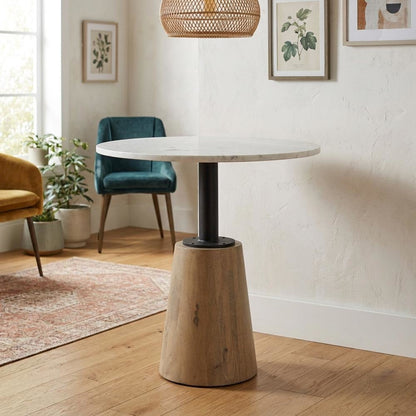 Round marble tabletop with blonde wood and black metal base bistro table