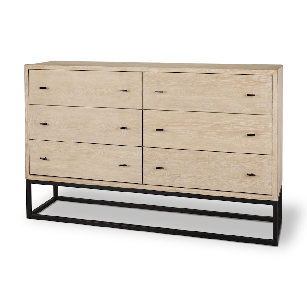 Ciara 6 Drawer Beige Fir Veneer Black Metal Sideboard