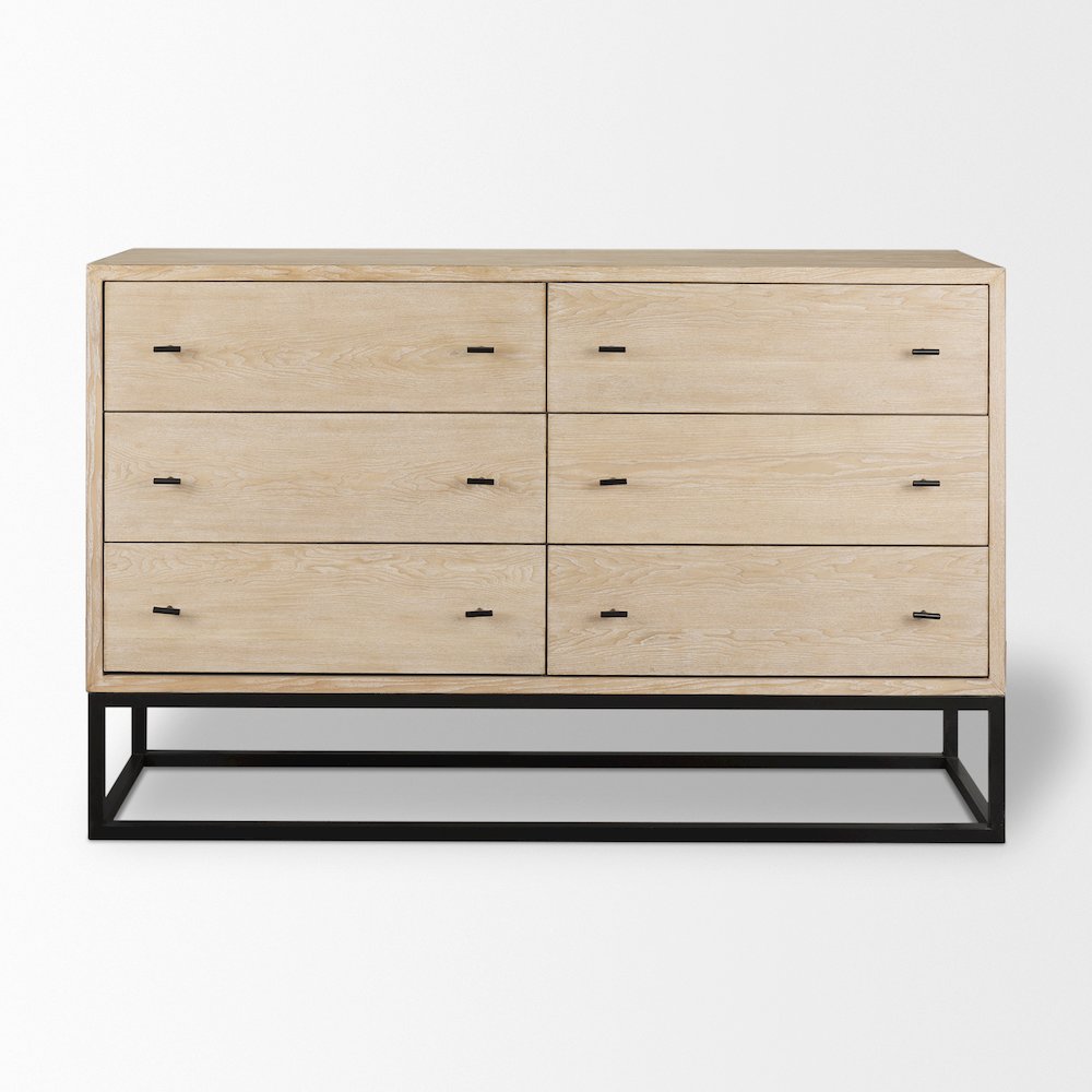 Ciara 6 Drawer Beige Fir Veneer Black Metal Sideboard