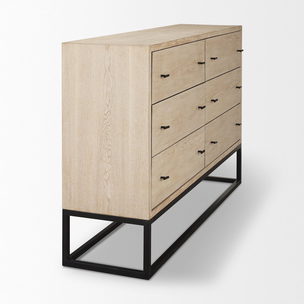 Ciara 6 Drawer Beige Fir Veneer Black Metal Sideboard