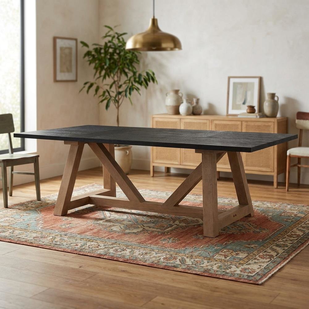 Rectangular Black and Brown Solid Wood Dining Table with Durable Finish