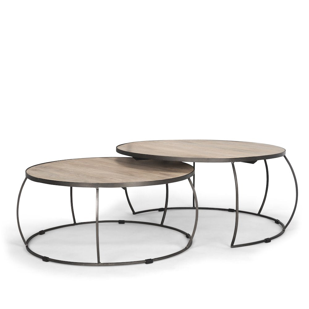 Round Brown White Wash Wood And Silver Metal Nesting Coffee Tables (Set Of 2)