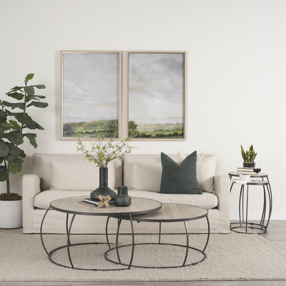 Round Brown White Wash Wood And Silver Metal Nesting Coffee Tables (Set Of 2)