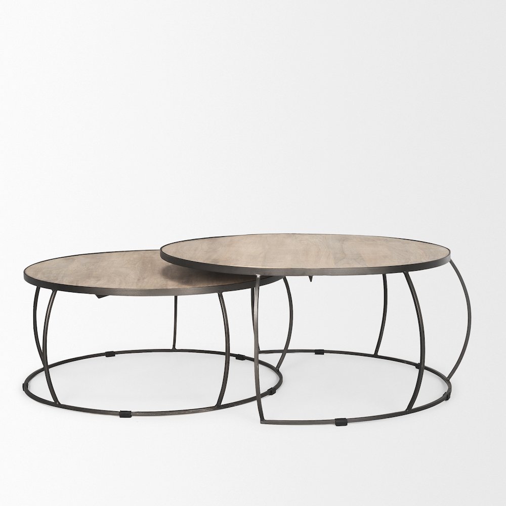 Round Brown White Wash Wood And Silver Metal Nesting Coffee Tables (Set Of 2)