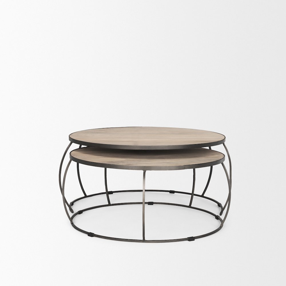 Round Brown White Wash Wood And Silver Metal Nesting Coffee Tables (Set Of 2)