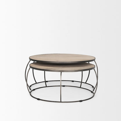 Round Brown White Wash Wood And Silver Metal Nesting Coffee Tables (Set Of 2)