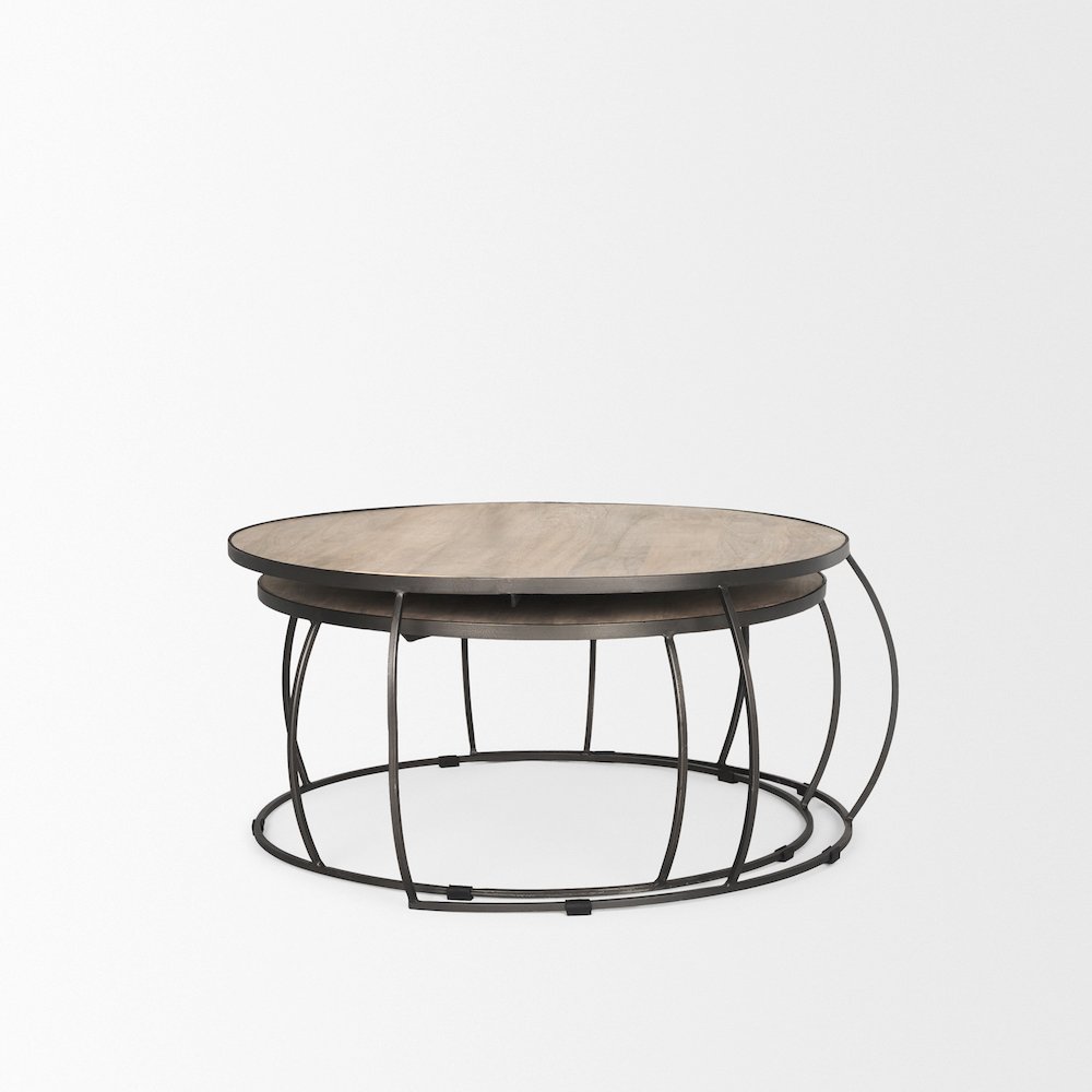 Round Brown White Wash Wood And Silver Metal Nesting Coffee Tables (Set Of 2)