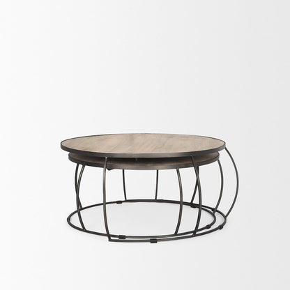 Round Brown White Wash Wood And Silver Metal Nesting Coffee Tables (Set Of 2)