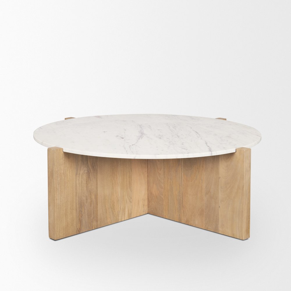 Light Brown Wood Round Marble Top Coffee Table