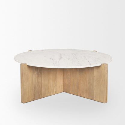 Light Brown Wood Round Marble Top Coffee Table