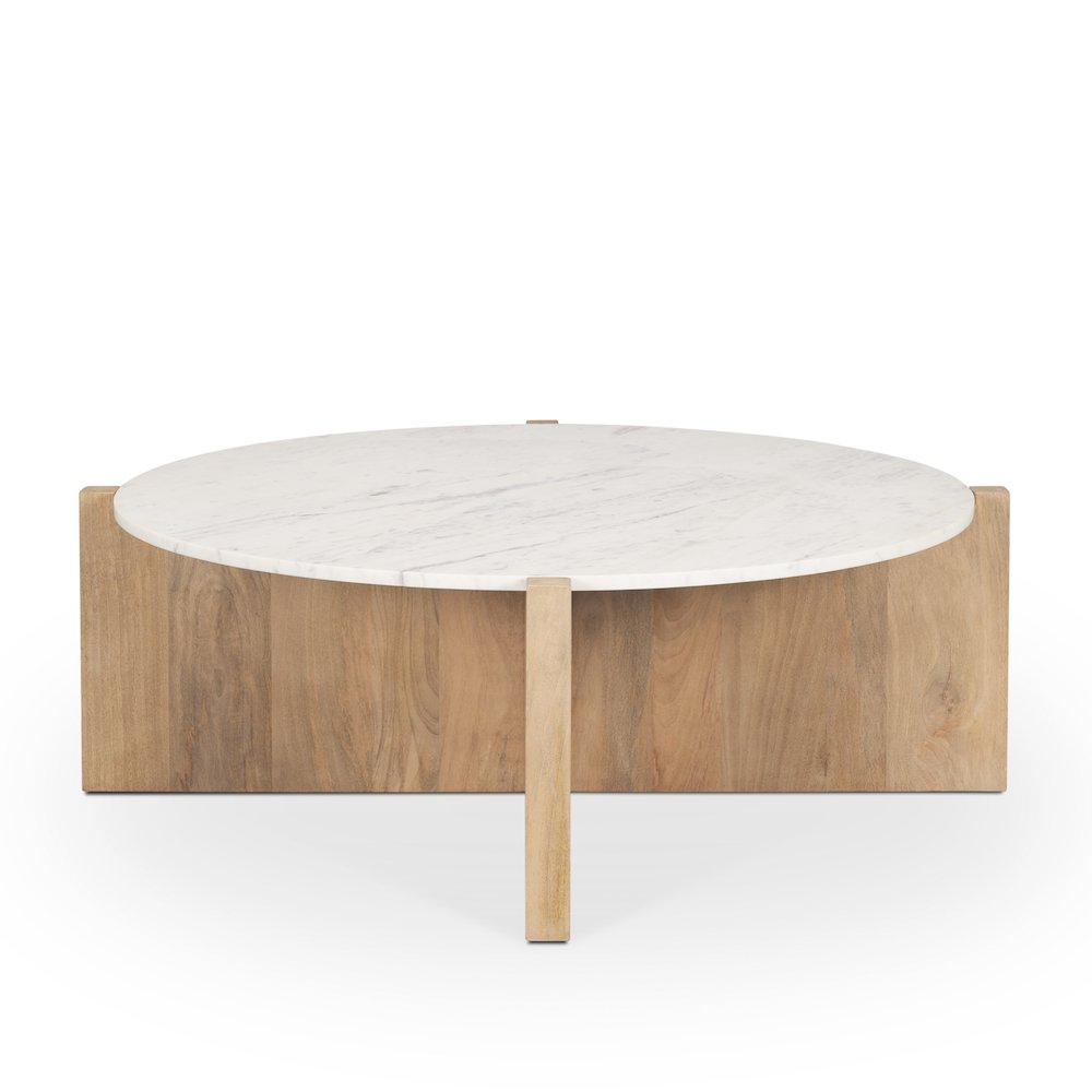 Light Brown Wood Round Marble Top Coffee Table