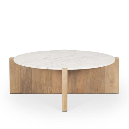 Light Brown Wood Round Marble Top Coffee Table