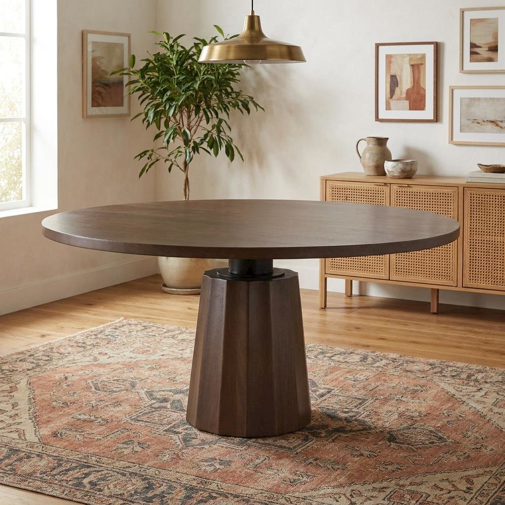 Dark Brown Wood Round Dining Table with Pedestal Base, 60-Inch Size
