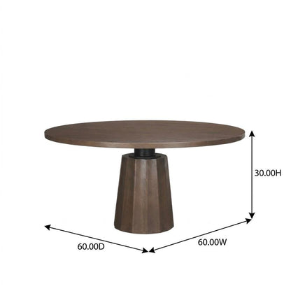Dark Brown Wood Round Dining Table with Pedestal Base, 60-Inch Size