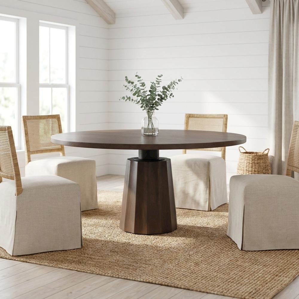 Dark Brown Wood Round Dining Table with Pedestal Base, 60-Inch Size