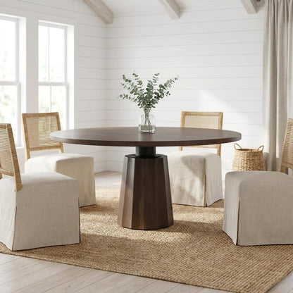 Dark Brown Wood Round Dining Table with Pedestal Base, 60-Inch Size
