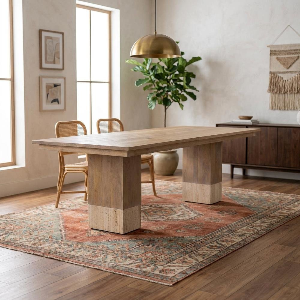 Light Brown Mango Wood Dining Table with Travertine Top for Elegant Homes