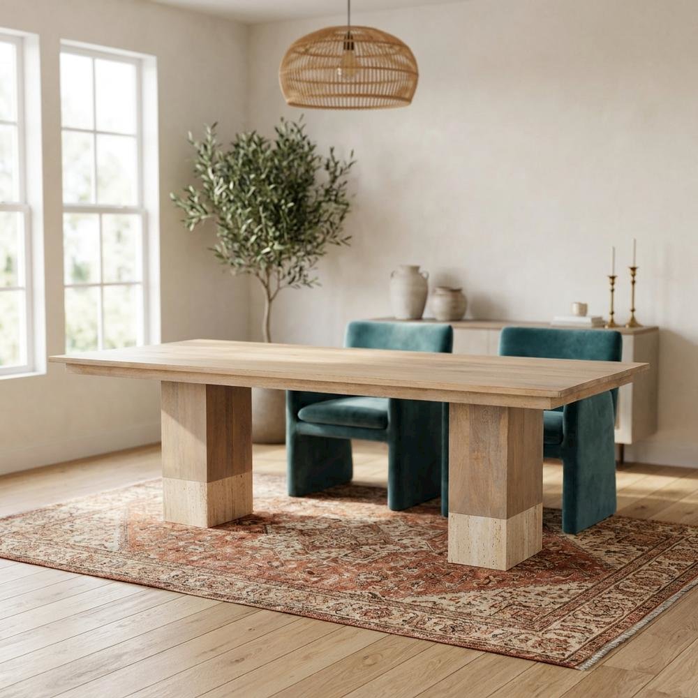 Light Brown Mango Wood Dining Table with Travertine Top for Elegant Homes