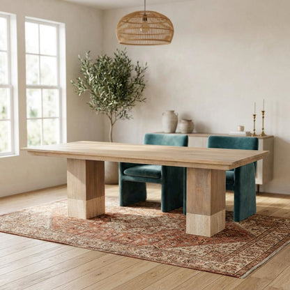 Light Brown Mango Wood Dining Table with Travertine Top for Elegant Homes