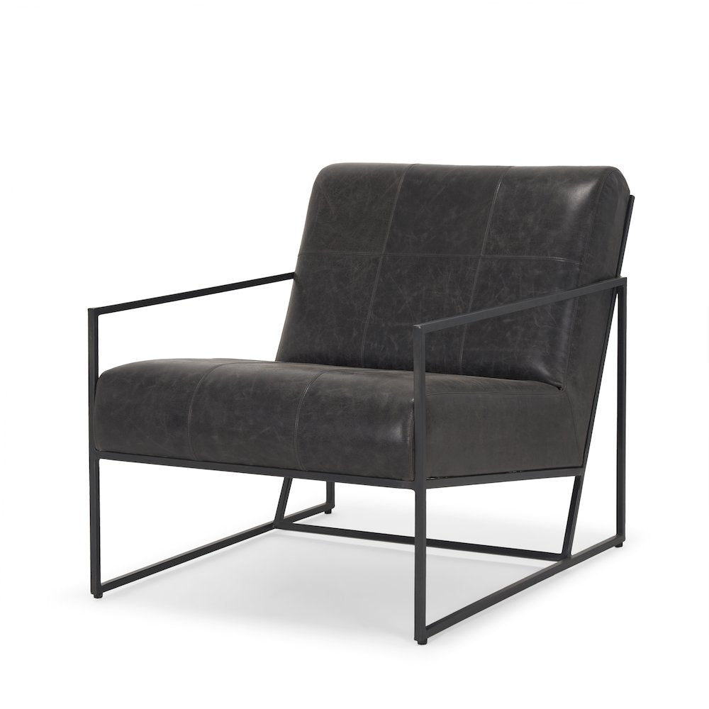 Gunmetal Genuine Aged Black Leather Upholstered Accent Chair