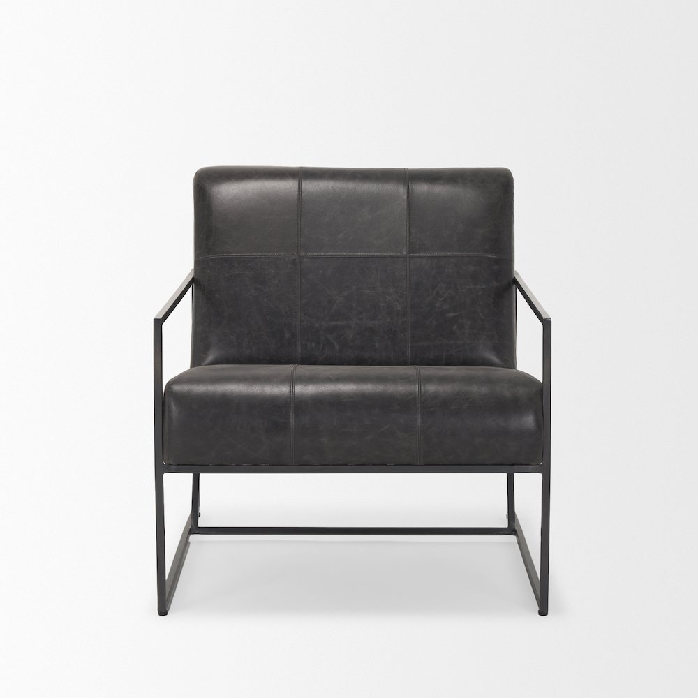 Gunmetal Genuine Aged Black Leather Upholstered Accent Chair