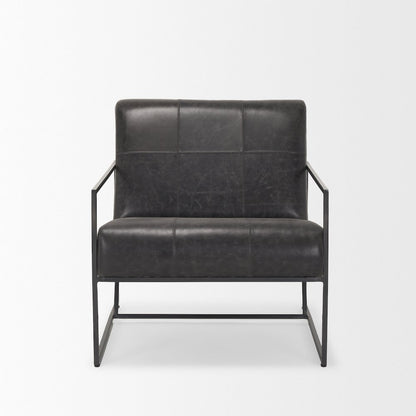 Gunmetal Genuine Aged Black Leather Upholstered Accent Chair