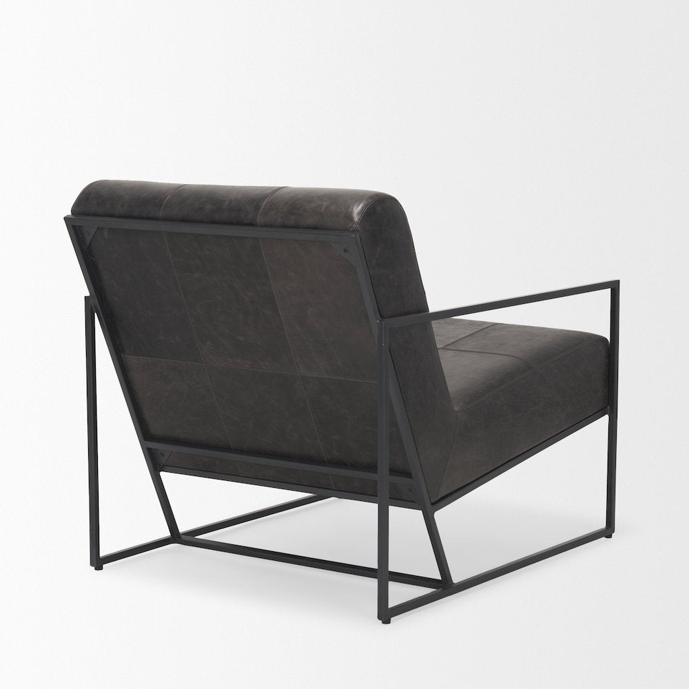 Gunmetal Genuine Aged Black Leather Upholstered Accent Chair