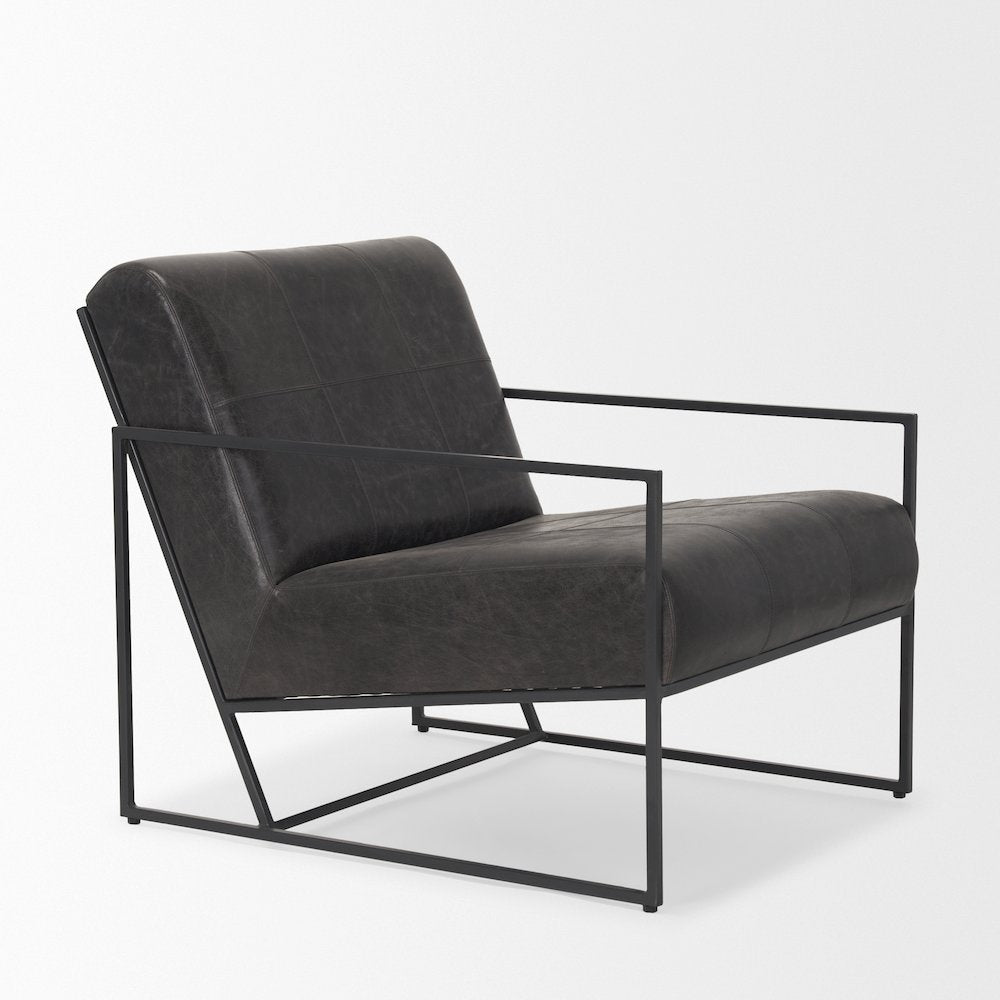 Gunmetal Genuine Aged Black Leather Upholstered Accent Chair