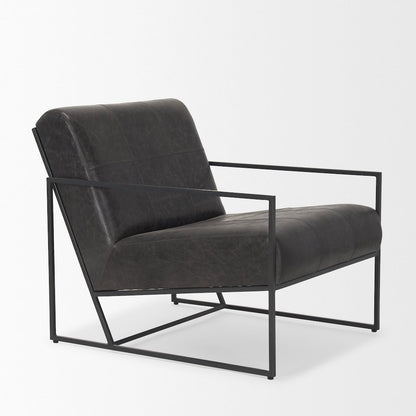 Gunmetal Genuine Aged Black Leather Upholstered Accent Chair