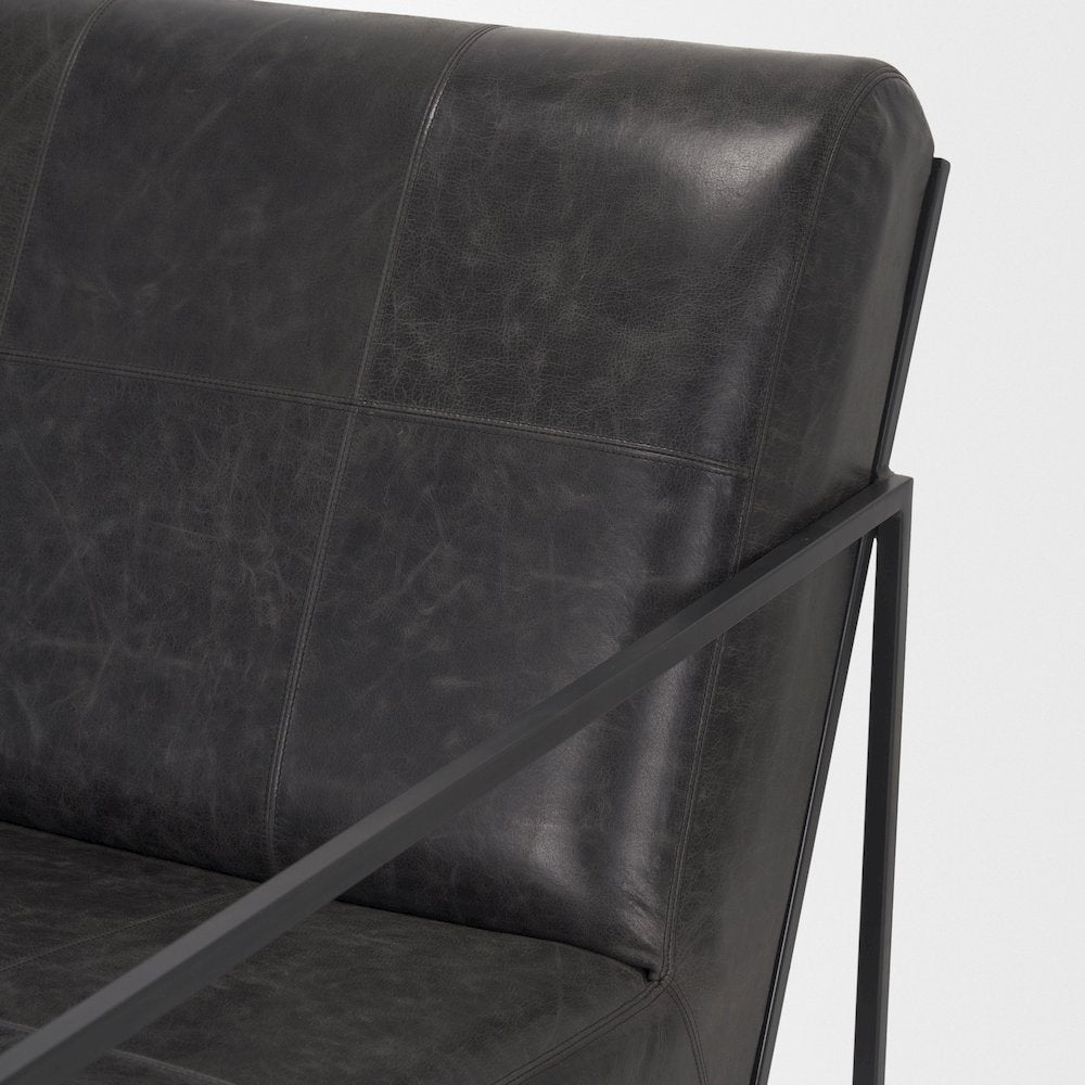 Gunmetal Genuine Aged Black Leather Upholstered Accent Chair