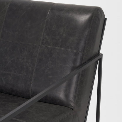 Gunmetal Genuine Aged Black Leather Upholstered Accent Chair
