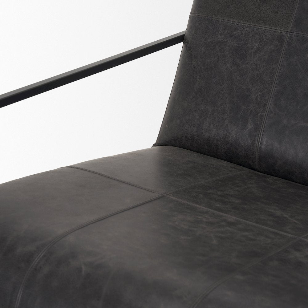 Gunmetal Genuine Aged Black Leather Upholstered Accent Chair