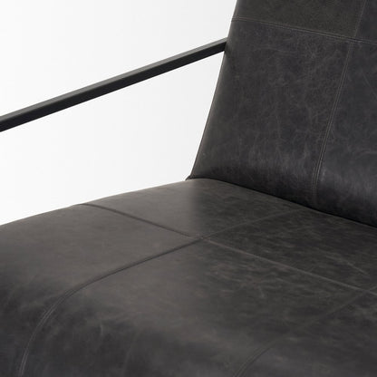 Gunmetal Genuine Aged Black Leather Upholstered Accent Chair
