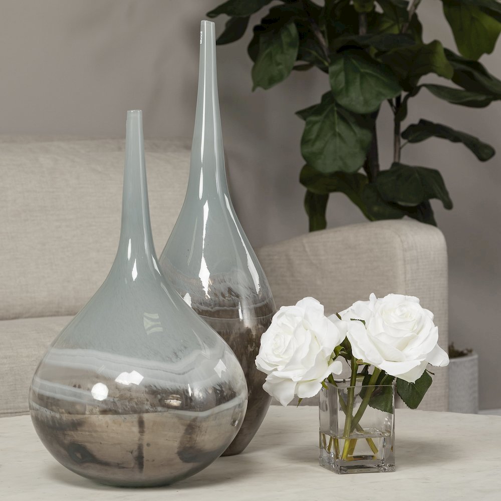 Erie II Tall Two Toned Sky Blue Dark Brown Blown Glass Vase