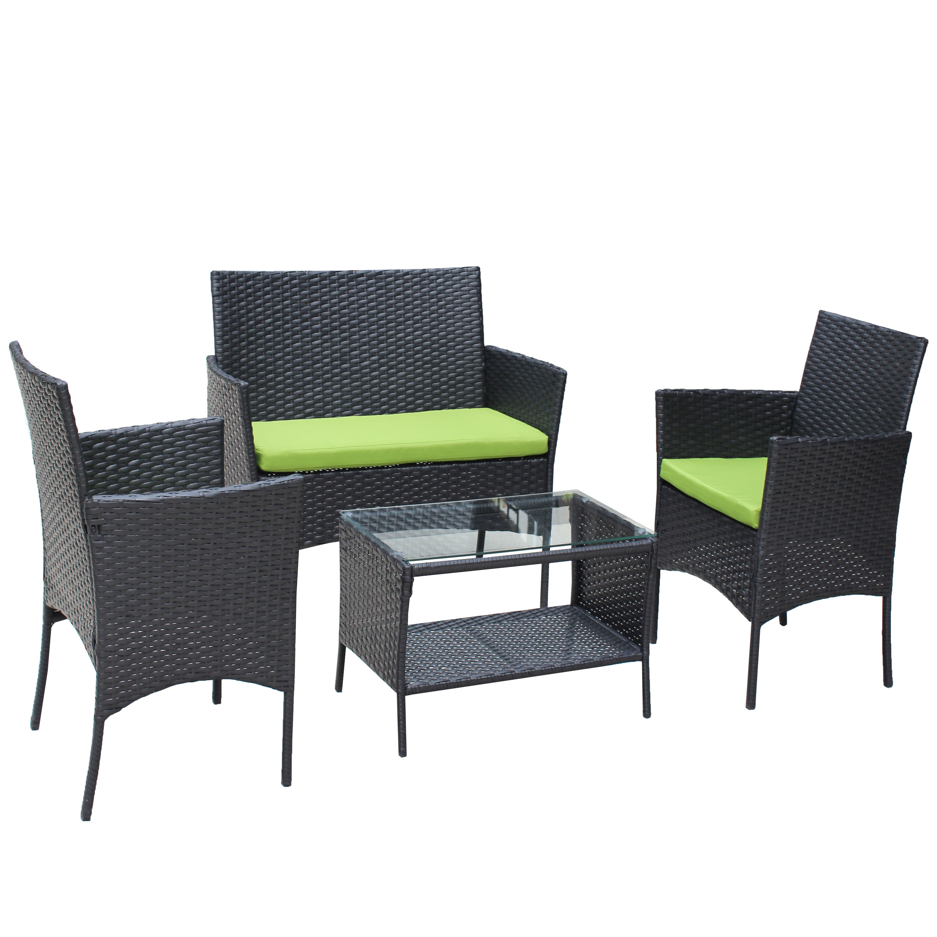 4 PC Rattan Patio Furniture Set Outdoor Patio Cushioned Seat Wicker Sofa (green Cushion)